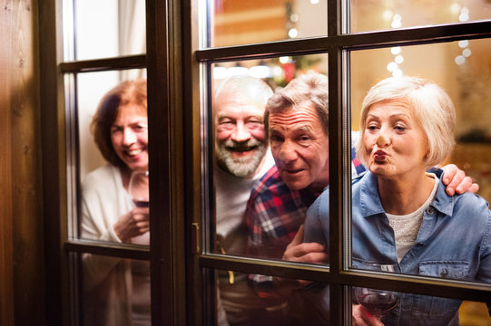 Senior Friends With Wine Glasses At Christmas Time.