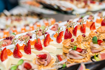 Gourmet appetizers: caviar, venison, tuna and salmon.