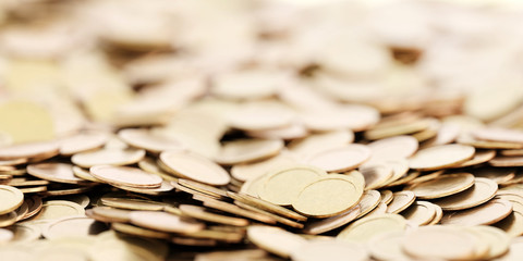 Infinite golden coins horizontal background, realistic texture, original 3d rendering background