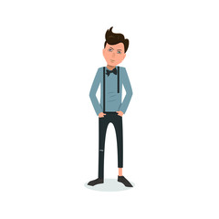 Exhausted and completely wiped out cartoon guy in casual clothes, gesturing. Vector illustration. Modern flat design.