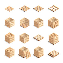 Set of isometric wooden boxes and pallets.