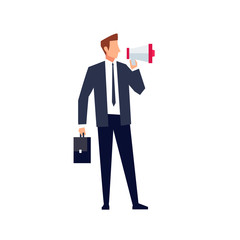 Businessman with loudspeaker in hand  isolated on white background.