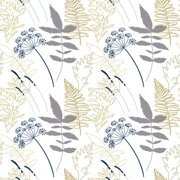 Floral vector seamless pattern with dill and lavender flowers, fern leaves and evergreen pine tree branches.