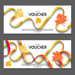 Gift voucher. Vector, illustration. Yellow leaves. Golden autumn.  Template for discount card, coupon, corporate certificate, ticket.
