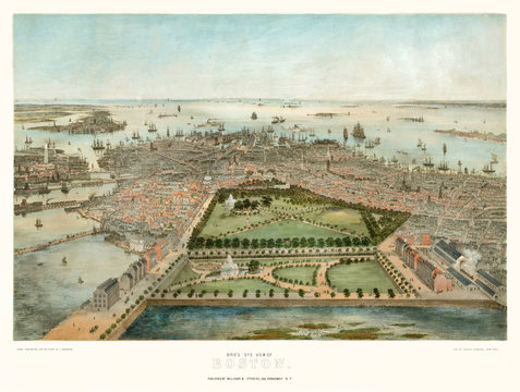 Old aerial view of Boston, Massachusetts.  Created by John Bachmann, publ. Steven & Williams, New York, 1850