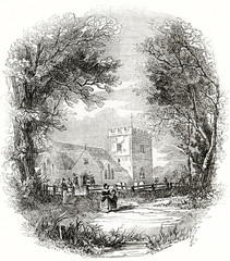 Old view of Saint John the Baptist church, Boldre, England. Grayscale execution by unidentifilife boated author, published on the Penny Magazine, London, 1835
