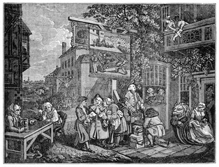 Old humorous illustration of political propagandists canvassing for votes (Humours of an Election series). Grayscale execution by Hogarth, published on Penny Magazine, London, 1835