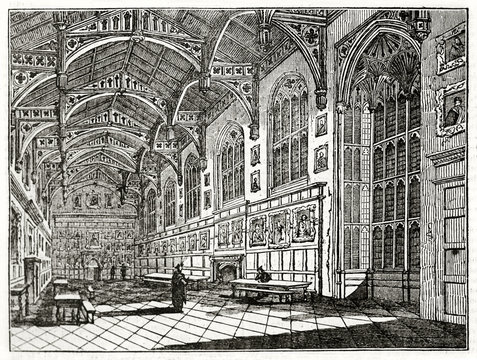 Old grayscale illustration of a church. Indoor view and two priests on center. Christ church hall, Oxford, United Kingdom. Created by Delamotte, published on Penny Magazine, London, 1835