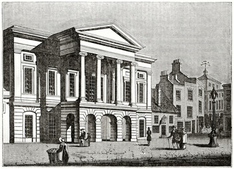 Old grayscale illustration of an ancient institutional building in the main square of a town. Derby Town-Hall, England. By unidentified author, published on the Penny Magazine, London, 1835