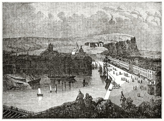 Old grayscale illustration of a city port life. Long top view of Dieppe seaport, France. By unidentified author, published on the Penny Magazine, London, 1835