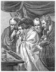 Old grayscale illustration. The four evangelists are reading with concentrate face expression. After Jordaens, published on Penny Magazine, London, 1835