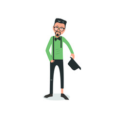Obraz premium Exhausted and completely wiped out cartoon guy in casual clothes, gesturing. Vector illustration. Modern flat design.