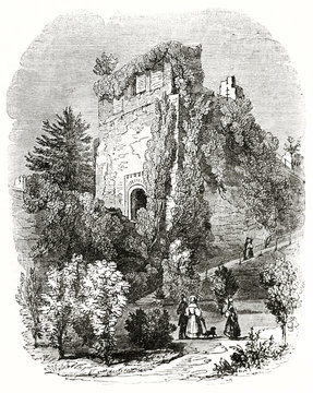 Old grayscale illustration. Stone ruins are partial covered by the nature. Farnham castle ruins, England. By unidentified author, published on  Penny Magazine, London, 1835