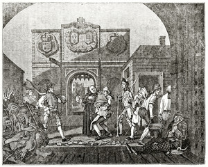 Old engraved reproduction of the painting The Gate of Calais. Medieval humorous people displayed as a theatre show. After Hogarth, published on the Penny Magazine, London, 1835