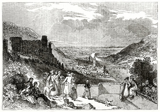 Old grayscale illustration of a small number of people standing in front of a awesome panorama. Heidelberg castle, Germany. Created by Jackson, published on  Penny Magazine, London, 1835
