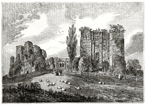 Old grayscale illustration of a castle ruins in a hill. People and sheeps are present in the image. Kenilworth castle, England. By unidentified author, published on the Penny Magazine, London, 1835