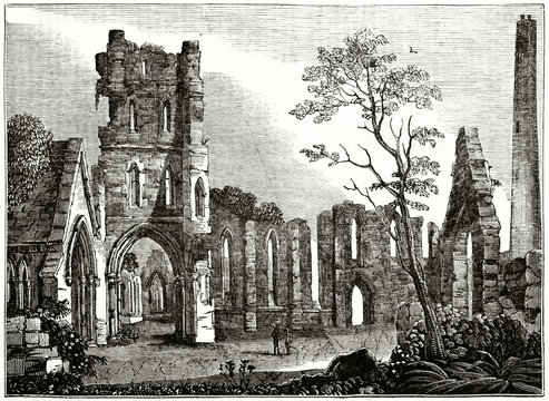 Old grayscale illustration. Imponent ruins in a forest and two small people. Kildare Cathedral ruins, Ireland. By unidentified author, published on the Penny Magazine, London, 1835