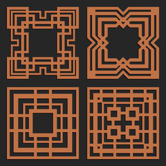 DIY laser cutting patterns. Jigsaw die cut ornaments. Art Deco cutout silhouette stencils. Fretwork square panels. Vector coasters for paper cutting, scrapbook and woodcut.
