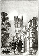 Old illustration. Bottom view of a elegant stone bridge. Magdalen Bridge and the tower of magdalen College, Oxford, England. After Delamotte, Penny Magazine, London, 1835