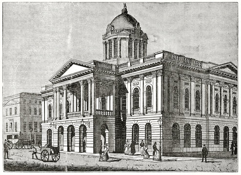 Old grayscale illustration of a big colonial monument in a ancient town context. Liverpool Town Hall, England. By unidentified author, published on  Penny Magazine, London, 1835