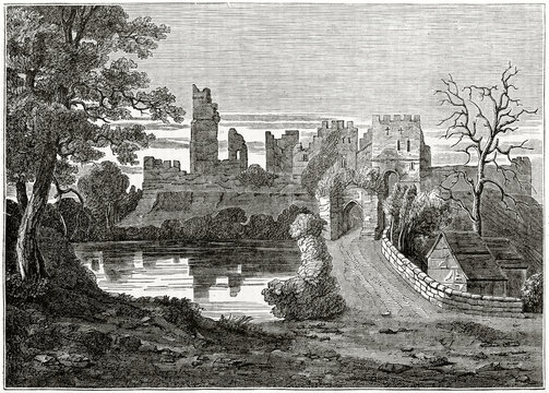 Old grayscale illustration of a castle ruins at the sunset. Water, bridge and nature on the foreground. Prudhoe castle, England. By unidentified author, published on Penny Magazine, London, 1835
