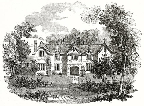 Old grayscale illustration of a typical english country house surrounded by the wood. Sir Walter Raleigh birth house, England. By unidentified author, published on Penny Magazine, London, 1835