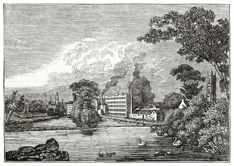 Old grayscale illustration of Sir Thomas Lombe's Silk-mill view in Derby, England. By unidentified author, published on the Penny Magazine, London, 1835