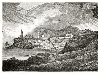 Old grayscale illustration of Tynemouth cliff  view, lighthouse, priory and barrack, England. By unidentified author, published on  Penny Magazine, London, 1835