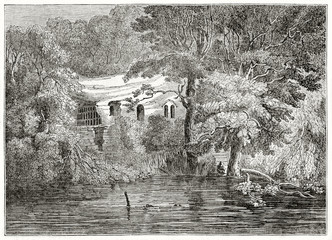 Old grayscale illustration of Warkworth Hermitage  view, Northumberland, England. By unidentified author, published on Penny Magazine, London, 1835