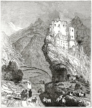 Old grayscale illustration  of Tyrol castle view, Italy. By unidentified author, published on the Penny Magazine, London, 1835