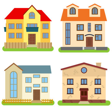 Set of four private houses on a white background. Vector illustration.
