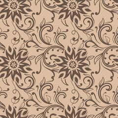 Floral ornaments. Brown seamless pattern