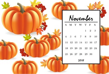 November 2018 calendar page with pumpkin pattern background. Vector illustrations