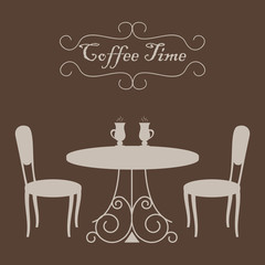 Beige shapes of coffee table and two chairs on a brown background. There are also cups of coffee and text 