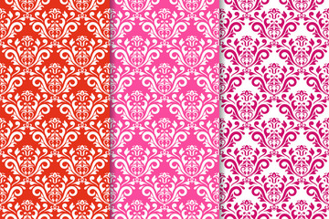 Set of floral ornaments. Red fuchsia seamless patterns