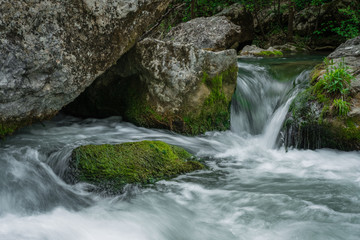 Naklejka na ściany i meble river waterfalls in the jungles with green mountains, Travel and Tourism in Crimea