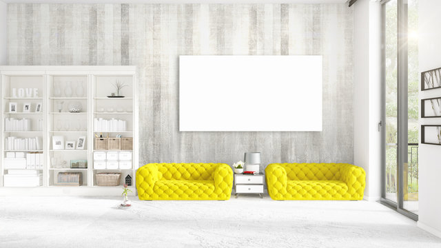Modern interior in vogue with yellow couch, vertical empty frame and copyspace in horizontal arrangement. 3D rendering.
