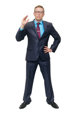A business man in a suit and glasses is skeptical and shows a gesture of empty chatter isolated on white background. Talking lies. Strict boss.