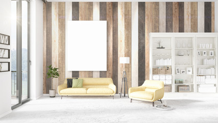 Fashionable modern loft interior with empty frame and copyspace in horizontal arrangement. 3D rendering.