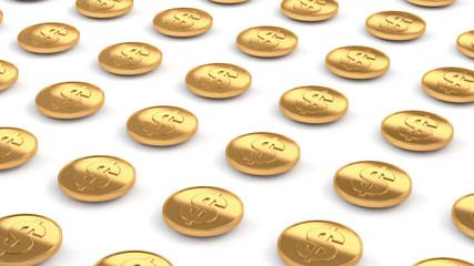 gold dollar coin money line composition metallic white floor 3d rendering