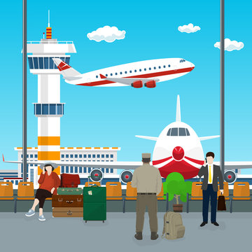 View through the Window at the Runway and Control Tower , Waiting Room at the Airport with Passengers , Men and a Woman Waiting for Boarding a Plane, Travel Concept, Vector Illustration