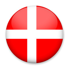 Obraz premium Flag of Denmark in the form of a round button with a light glare and a shadow. The symbol of Independence Day, a souvenir, a button for switching the language on the site, an icon.