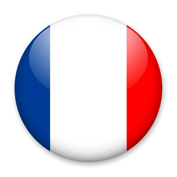 Flag of France in the form of a round button with a light glare and a shadow. The symbol of Independence Day, a souvenir, a button for switching the language on the site, an icon.