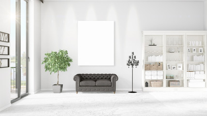 Panoramic view in modern loft interior with vertical empty frame and copyspace in horizontal arrangement. 3D rendering.