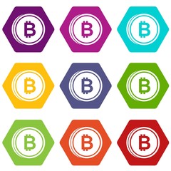 Coin bat icon set color hexahedron