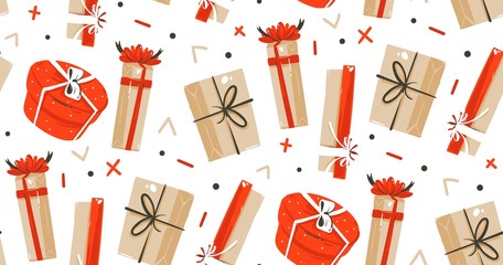 Hand drawn vector abstract fun Merry Christmas time cartoon illustrations seamless pattern with cute retro vintage Christmas gifts isolated on white background.