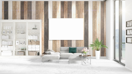 Fashionable modern loft interior with empty frame and copyspace in horizontal arrangement. 3D rendering.