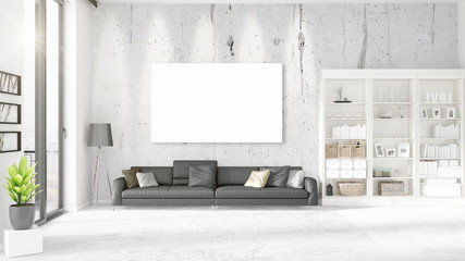 Fototapeta premium Interior with panoramic view, black leather ottoman and empty frame, copyspace in horizontal arrangement. 3D rendering.