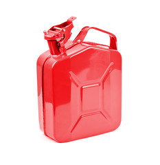 Red jerrycan on white background. Canister for gasoline, diesel gas.