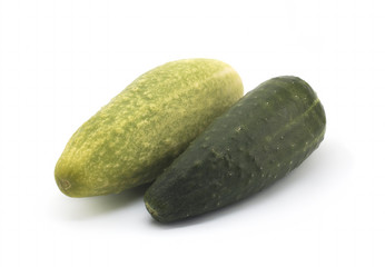 Fresh green and white cucumbers on a white background